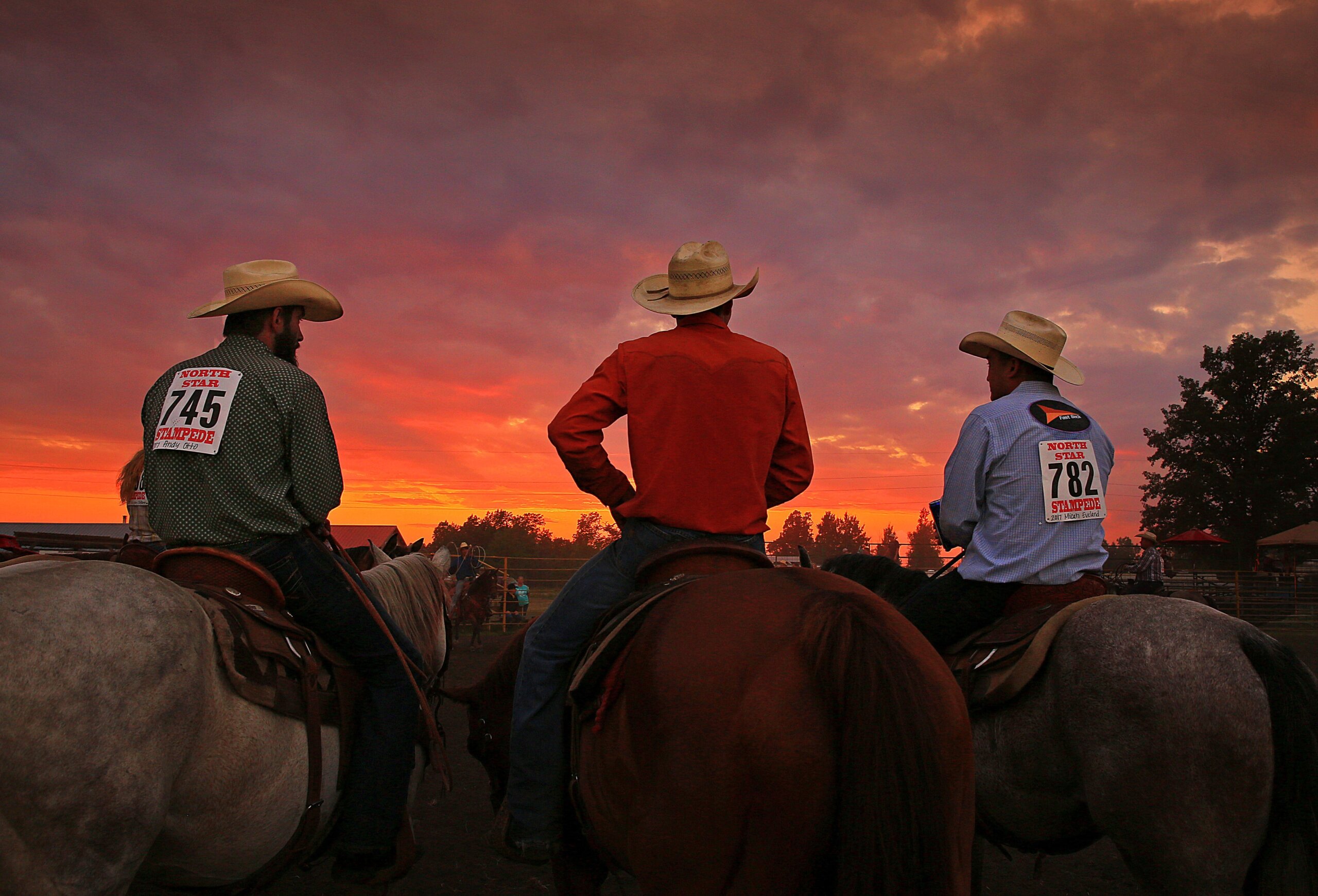 Effie Rodeo cowboys on fence at sunset