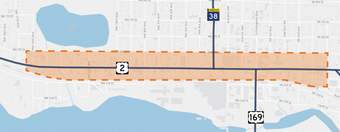Map showing the study area along state highway 2 from 5th Ave. East to 17th Ave. West.