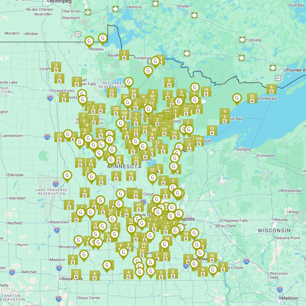 Map of Minnesota with many pins showing grantee locations across the state